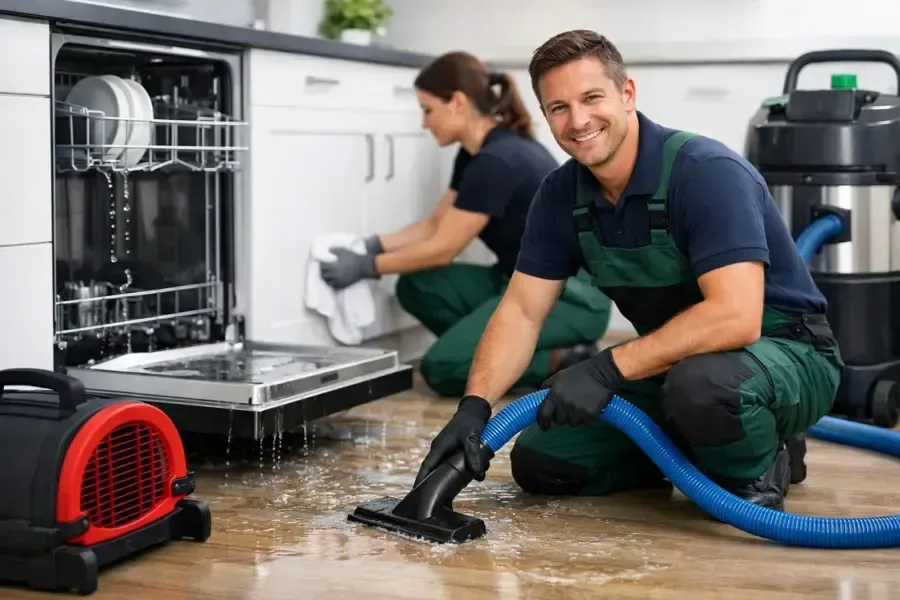 Two technicians extracting water from a kitchen floor next to an open dishwasher
