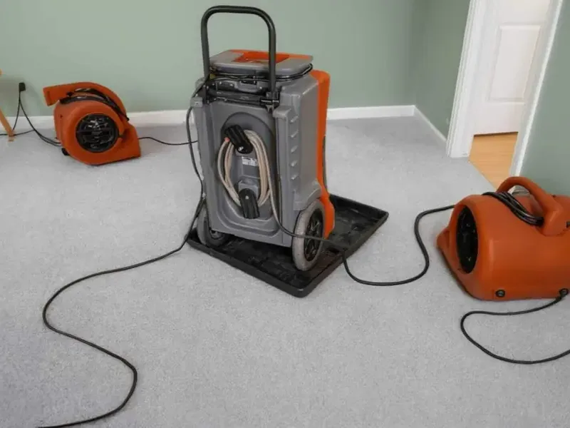 Air movers and a dehumidifier drying wet carpet after a household leak